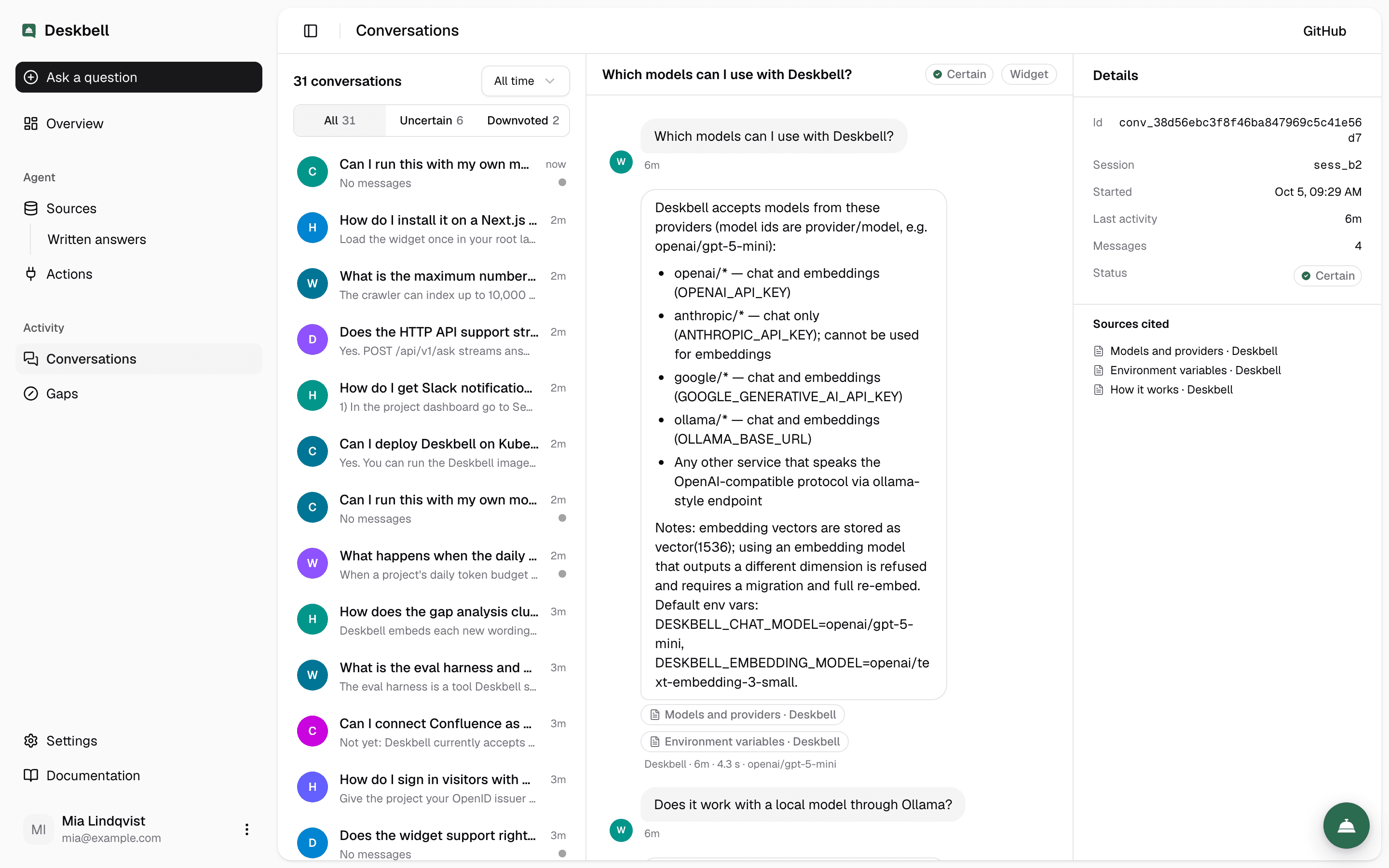 The Conversations page: a list of visitor threads, one open, showing a cited answer about which models Deskbell supports.