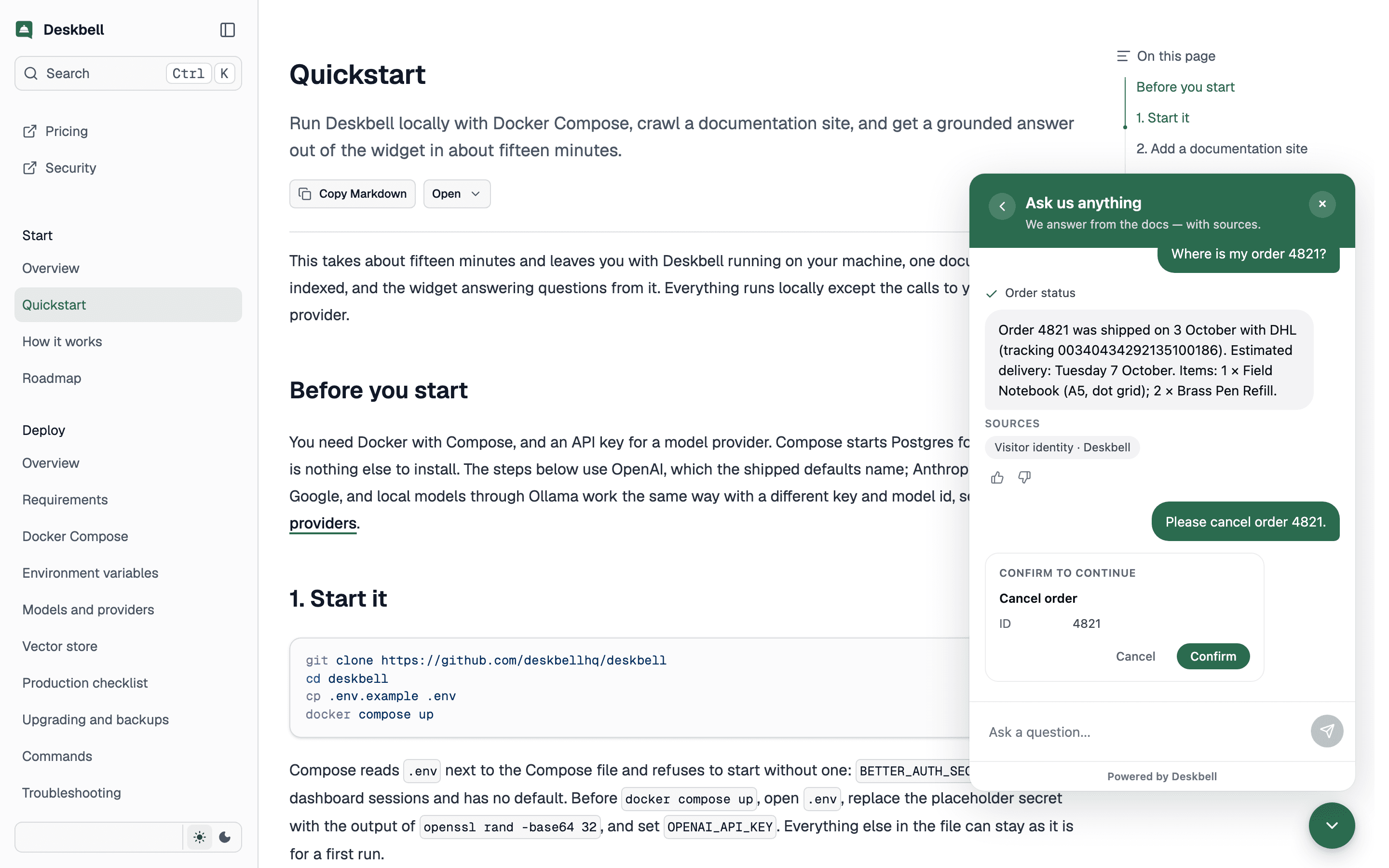The Deskbell widget over a documentation page: an order lookup already answered, and a confirmation card titled Cancel order with Cancel and Confirm buttons.