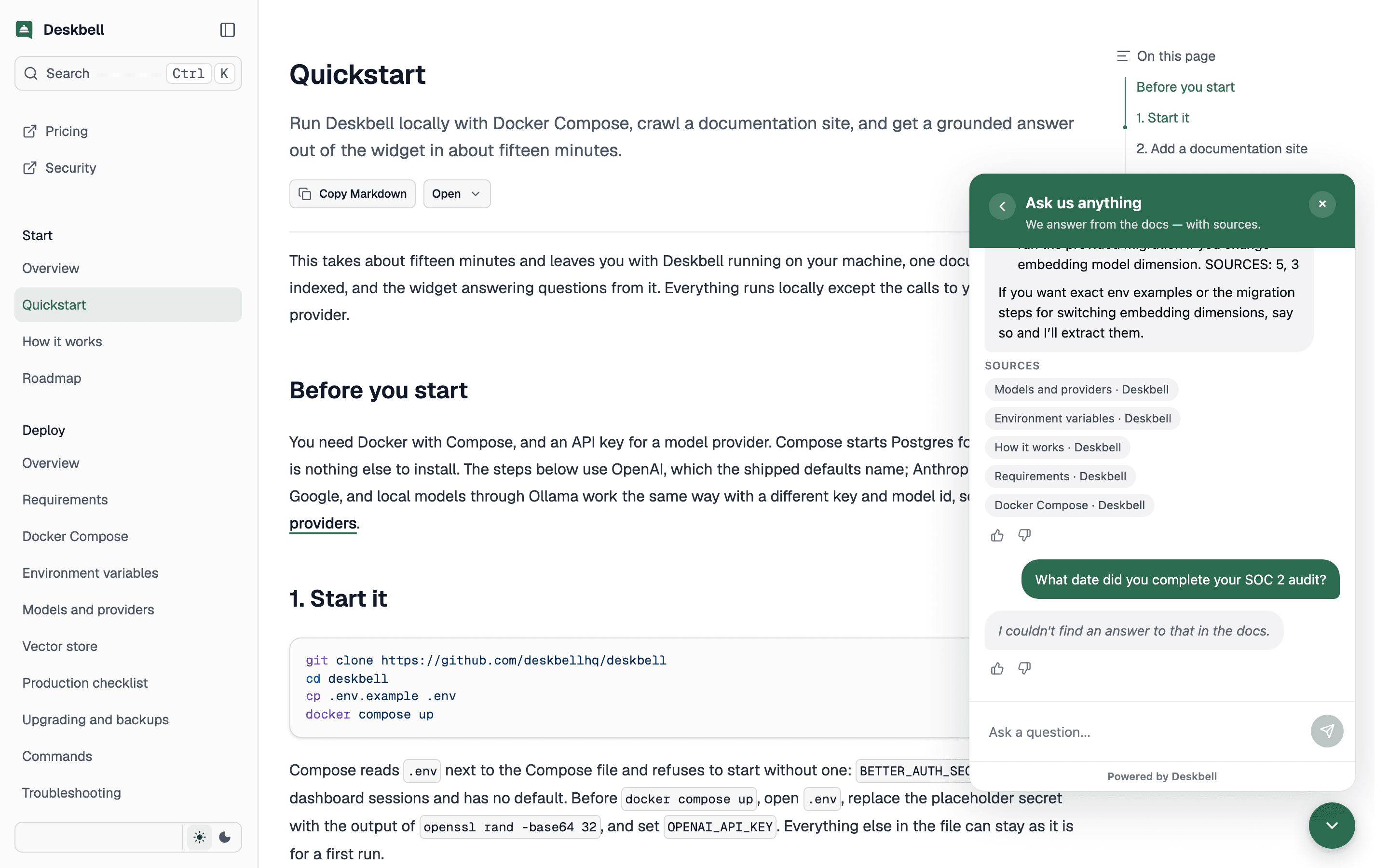 The Deskbell widget open over a documentation page. One answer lists sources; the next, asked for a SOC 2 audit date, says it could not find an answer in the docs.