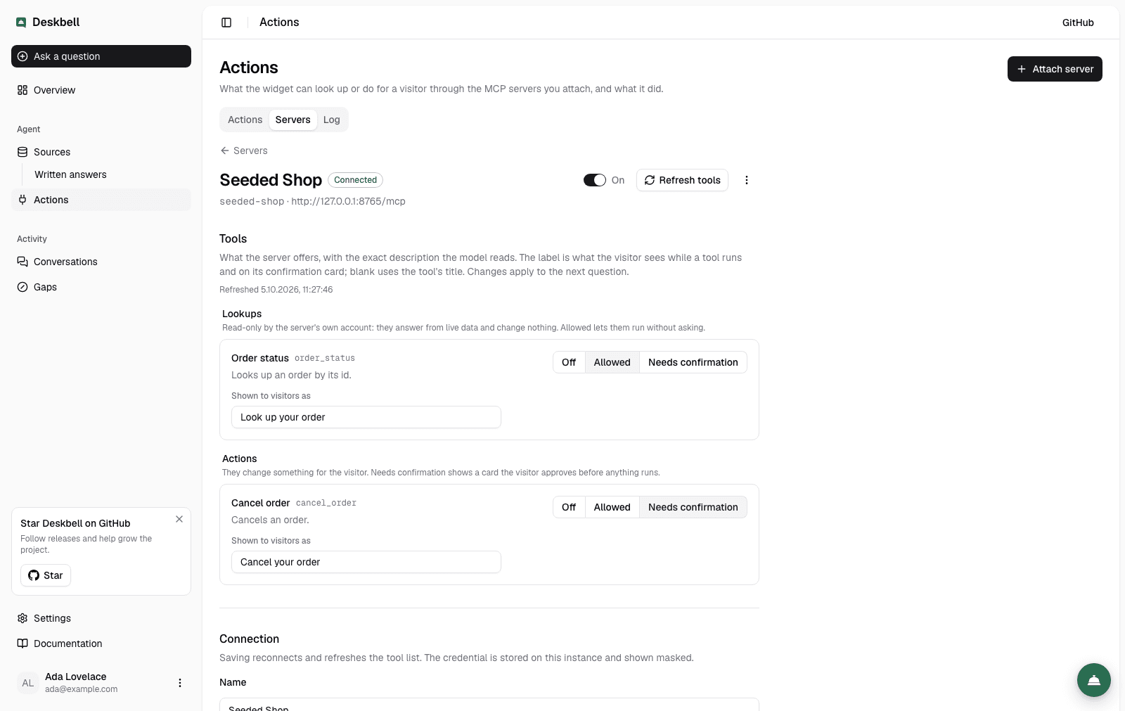 A server's page: its tools under Lookups and Actions, each with the description the model reads, the three-way policy and the Shown to visitors field