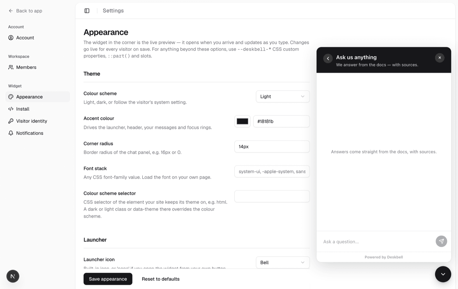 Settings, Appearance: the option form on the left and the widget rendering the changes live on the right