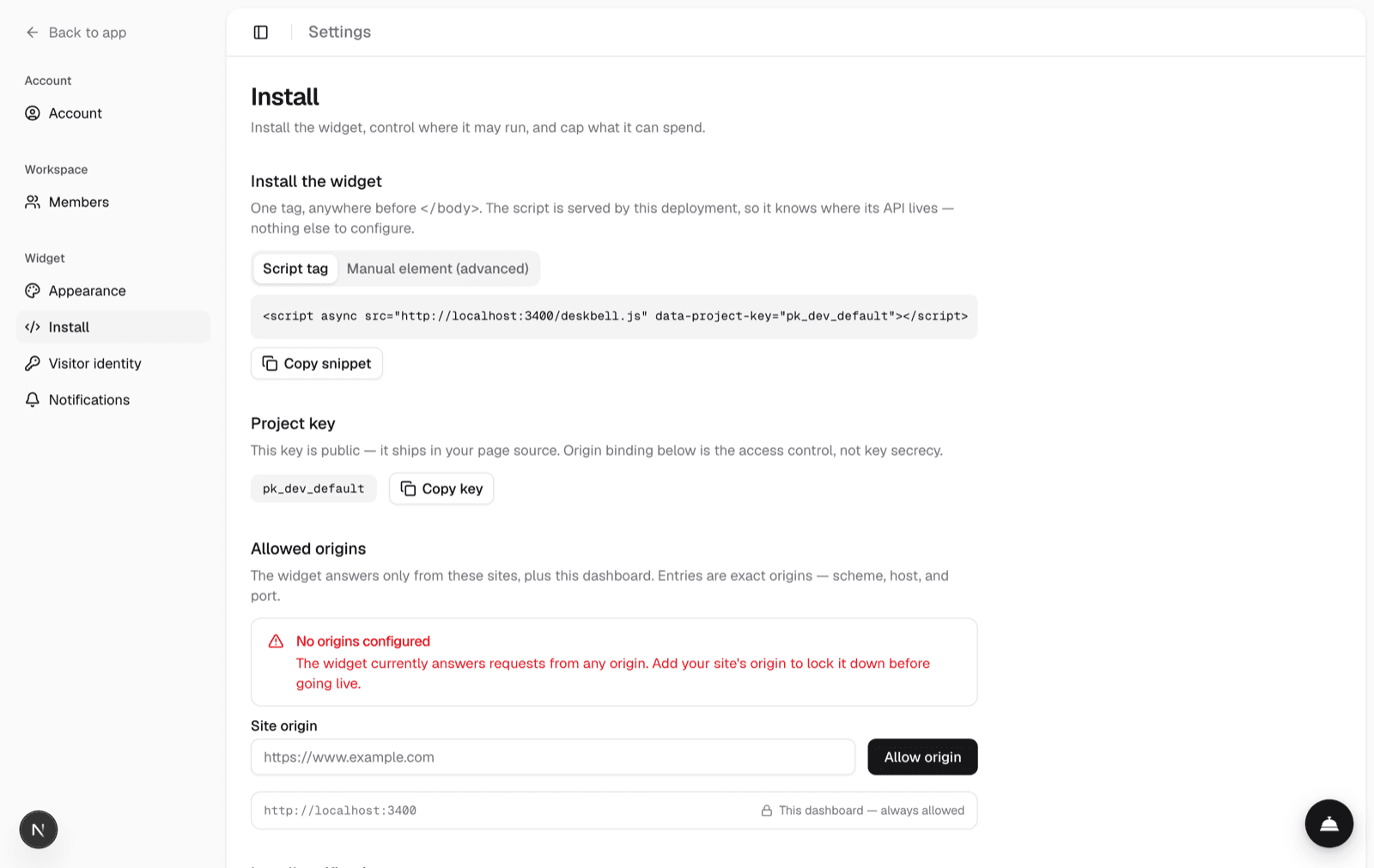 Settings, Install: the snippet with the project key filled in, the origin allowlist, and the origins the widget has been seen on