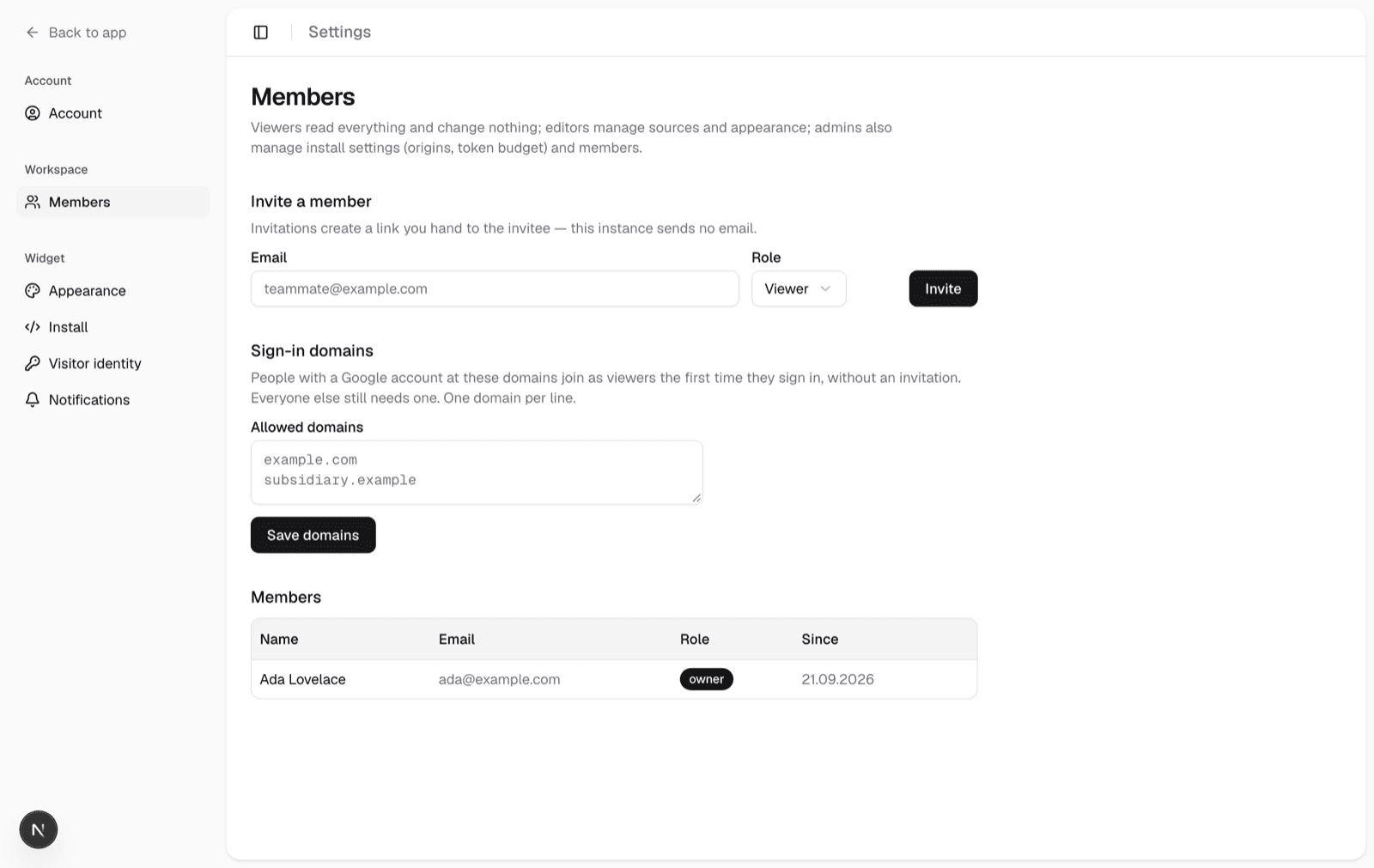Settings, Members: the member table with roles, the invite form, and pending invitations with their copyable links