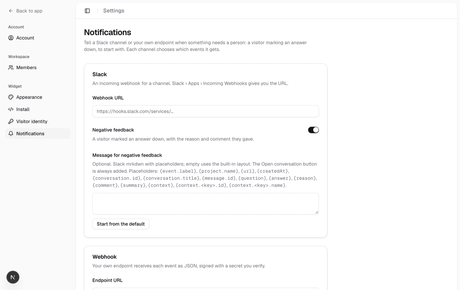Settings, Notifications: a Slack target and a webhook target, each with per-event toggles
