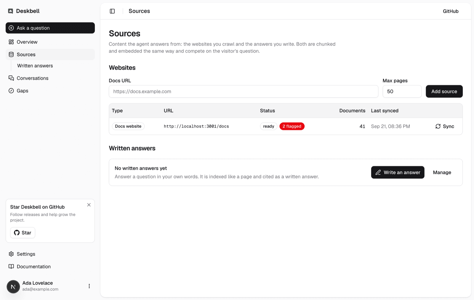 The Sources page: a crawled website with its page and chunk counts and a Sync button, and the written answers card