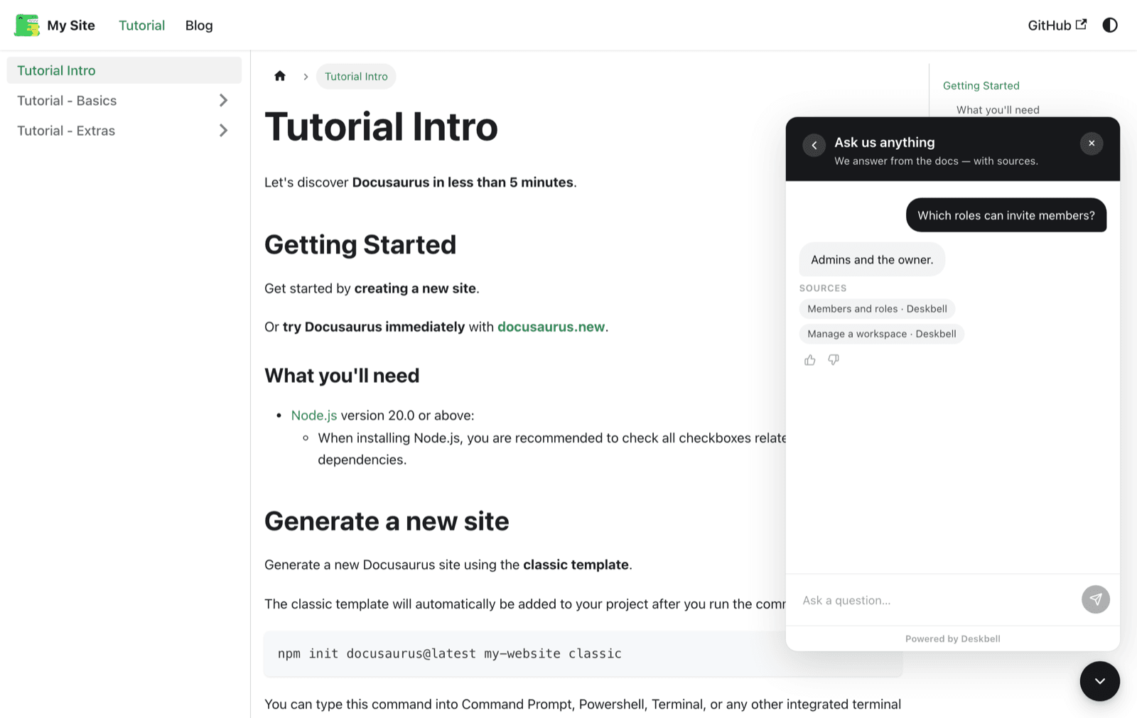 The widget answering on a Docusaurus tutorial page