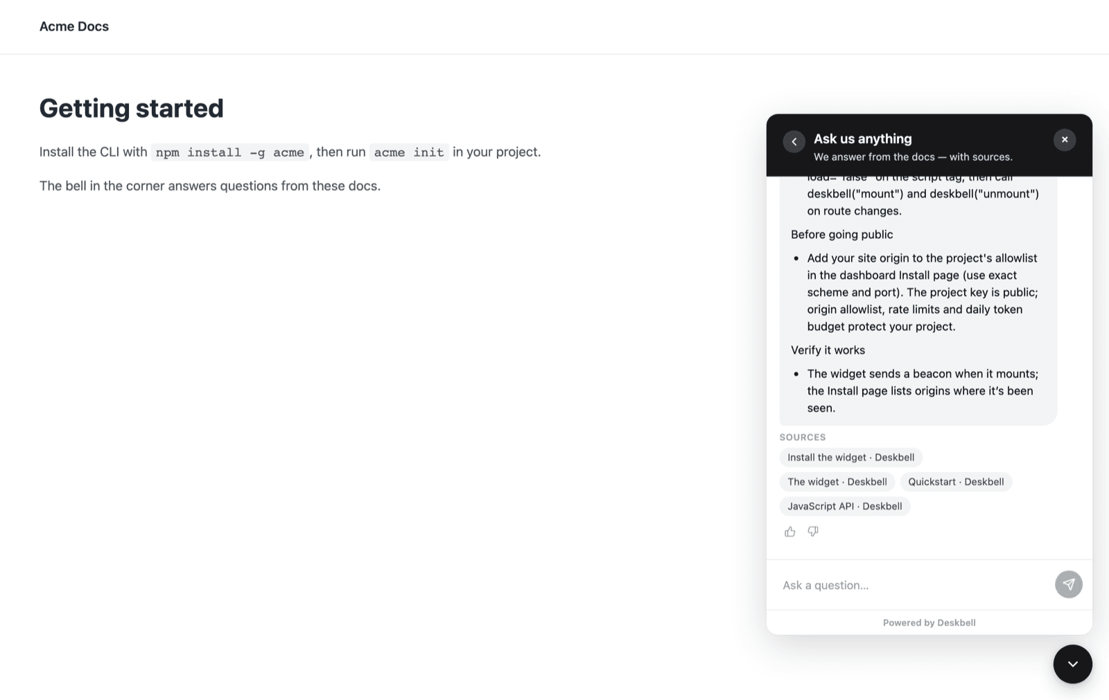 The widget open on a plain documentation page, answering a question with four cited pages