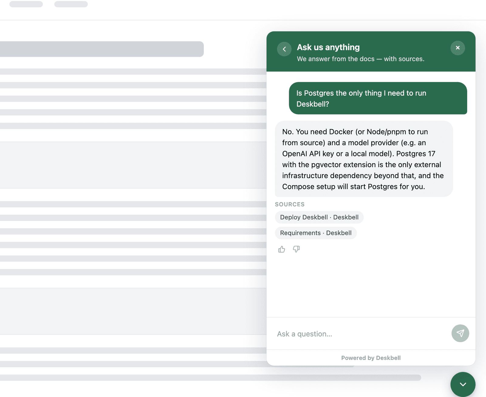 The widget open on a documentation page, answering a question with the pages it used listed underneath